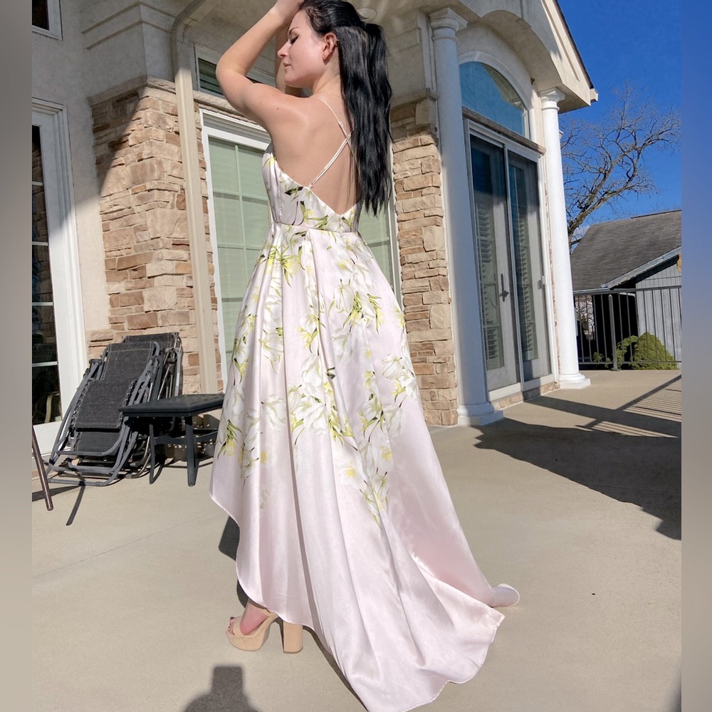 Light Pink Floral High-Low Satin Dress